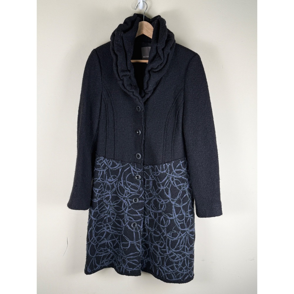 SPANNER 100% Wool Mid-Length Coat Embroidered Ruffled Collar Lagenlook Size SM